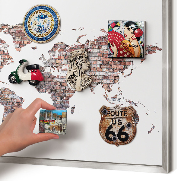 Souvenir magnet display board with a silver frame Brick world