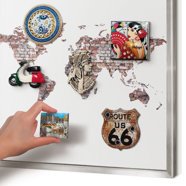 Souvenir magnet display board with a silver frame Brick world