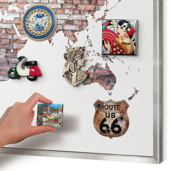 Souvenir magnet display board with a silver frame Brick world