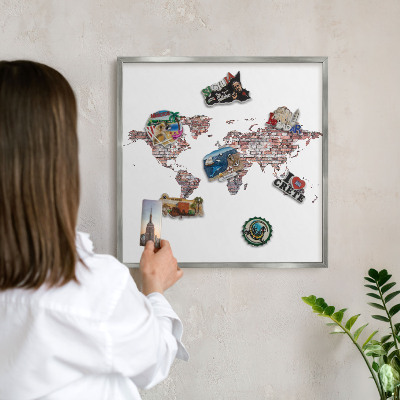 Souvenir magnet display board with a silver frame Brick world