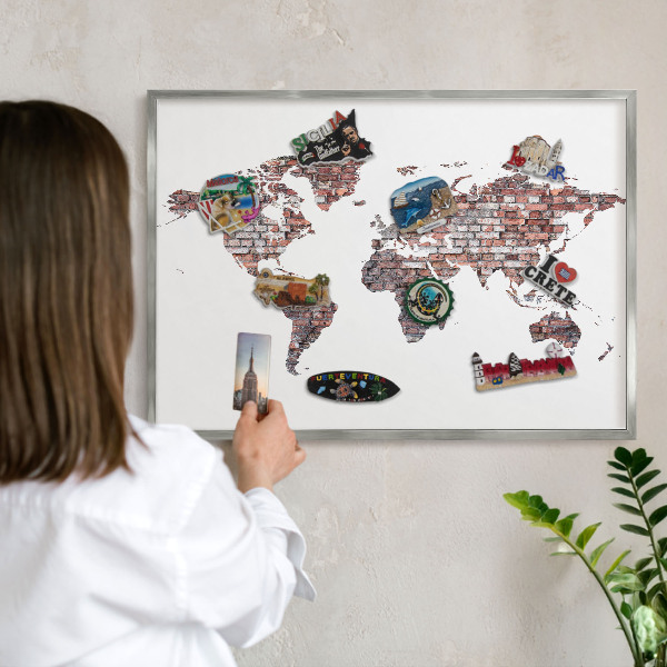 Souvenir magnet display board with a silver frame Brick world