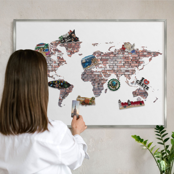Souvenir magnet display board with a silver frame Brick world