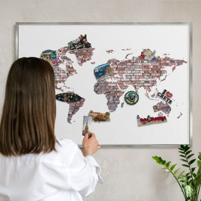 Souvenir magnet display board with a silver frame Brick world