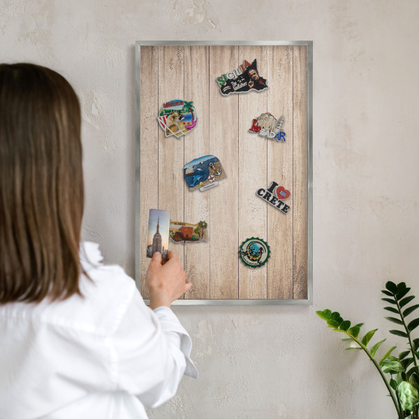 Printed magnet board in a silver frame Wooden boards