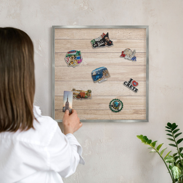 Printed magnet board in a silver frame Wooden boards