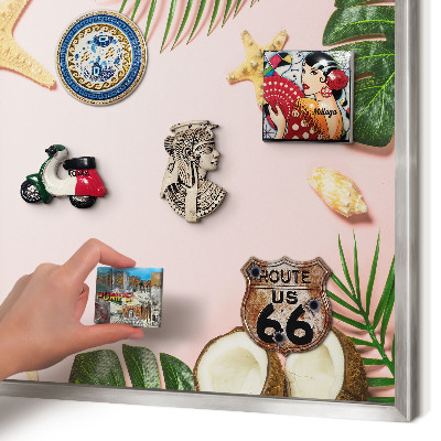 Souvenir magnet display board with a silver frame Tropical vacation
