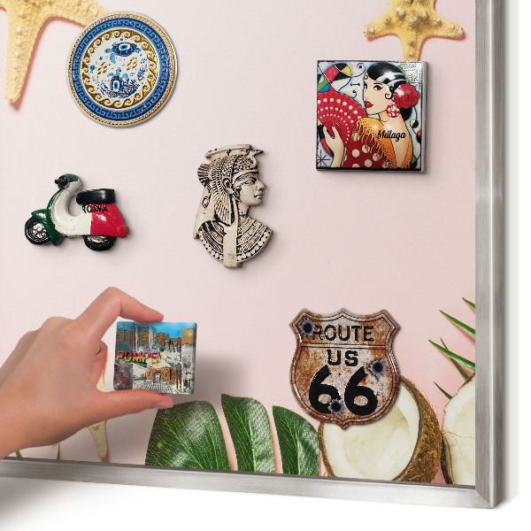 Souvenir magnet display board with a silver frame Tropical vacation