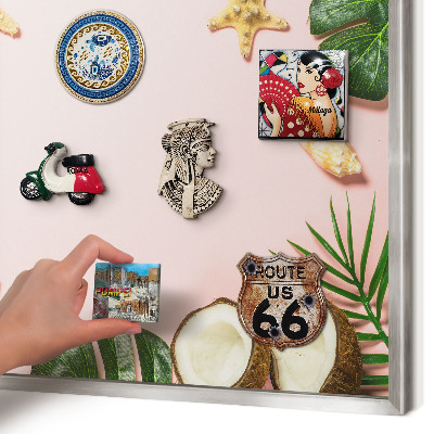 Souvenir magnet display board with a silver frame Tropical vacation