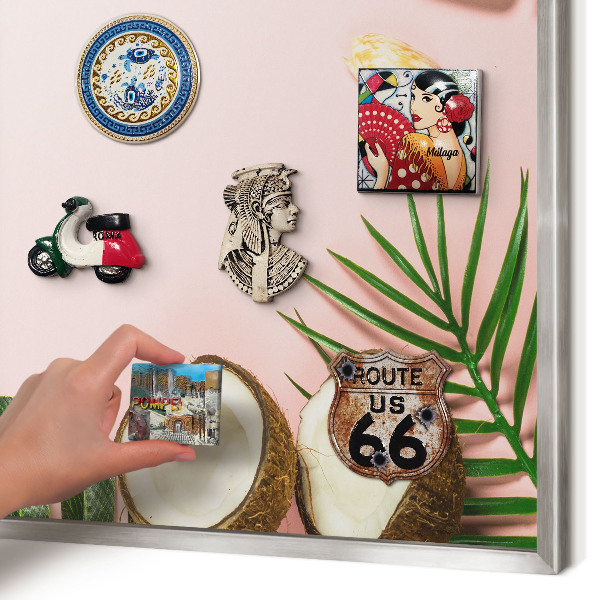 Souvenir magnet display board with a silver frame Tropical vacation