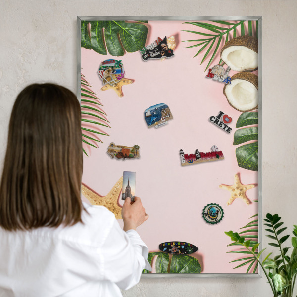 Souvenir magnet display board with a silver frame Tropical vacation