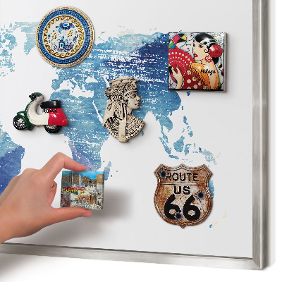Souvenir magnet display board with a silver frame Watercolor map