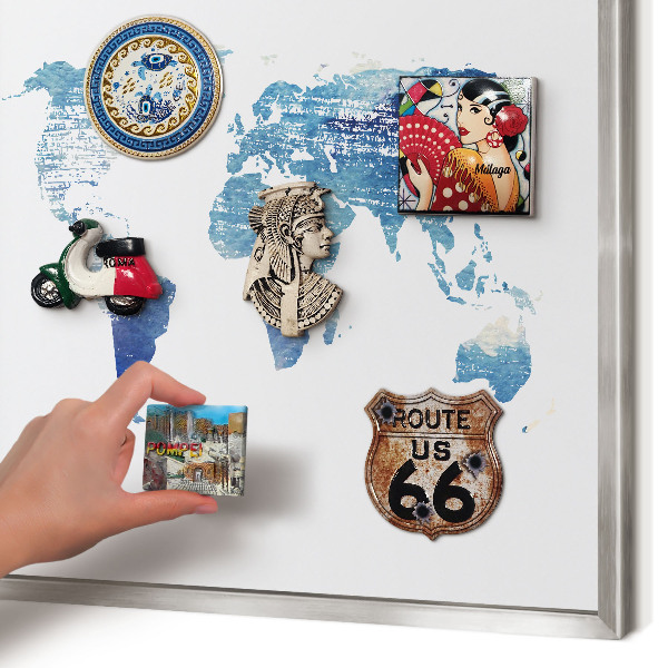 Souvenir magnet display board with a silver frame Watercolor map