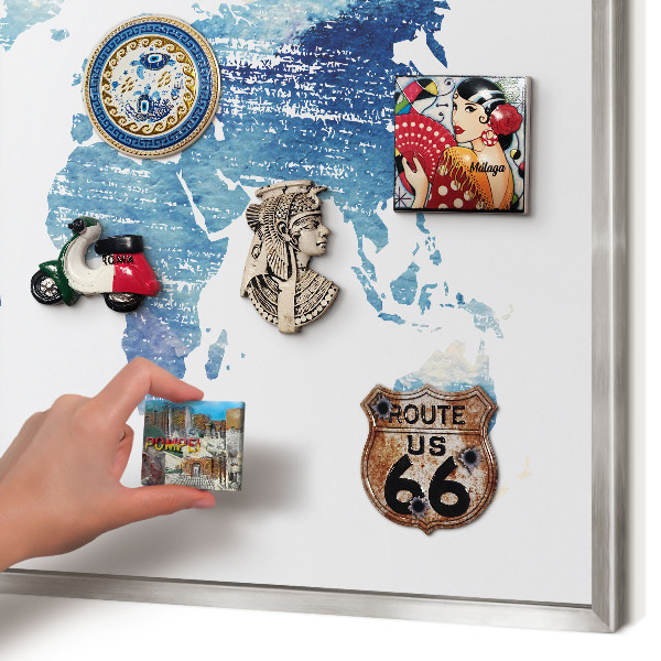 Souvenir magnet display board with a silver frame Watercolor map
