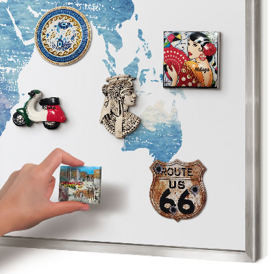 Souvenir magnet display board with a silver frame Watercolor map