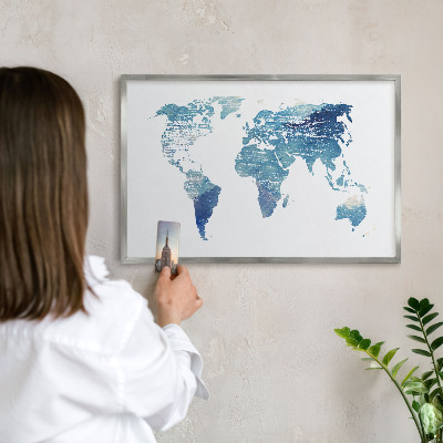 Souvenir magnet display board with a silver frame Watercolor map