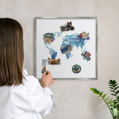 Souvenir magnet display board with a silver frame Watercolor map