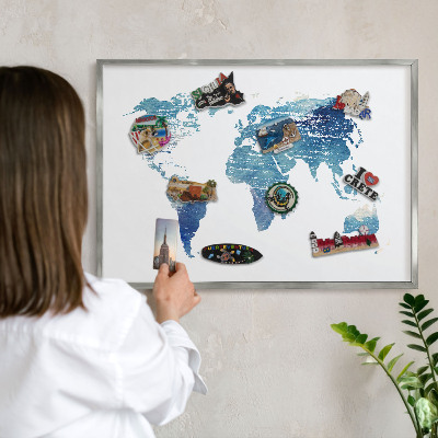 Souvenir magnet display board with a silver frame Watercolor map