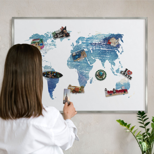 Souvenir magnet display board with a silver frame Watercolor map
