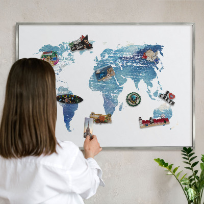 Souvenir magnet display board with a silver frame Watercolor map