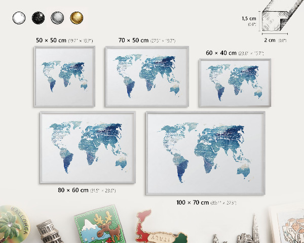 Souvenir magnet display board with a silver frame Watercolor map