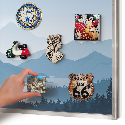 Souvenir magnet display board with a silver frame Mountain harmony