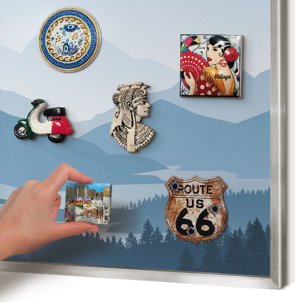 Souvenir magnet display board with a silver frame Mountain harmony