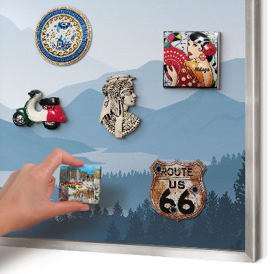 Souvenir magnet display board with a silver frame Mountain harmony