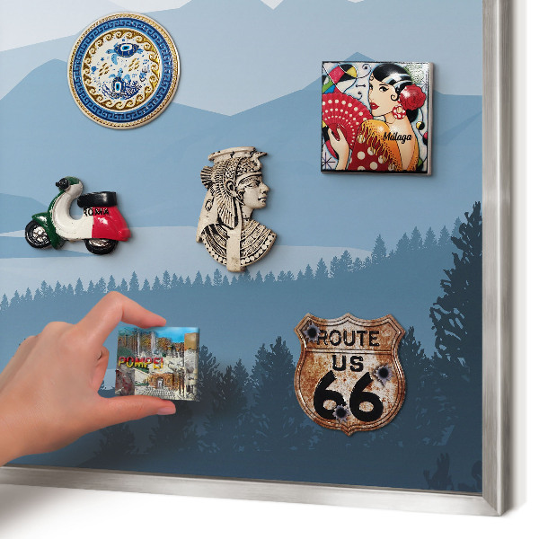 Souvenir magnet display board with a silver frame Mountain harmony