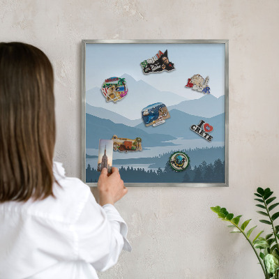 Souvenir magnet display board with a silver frame Mountain harmony