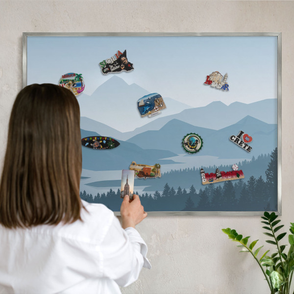 Souvenir magnet display board with a silver frame Mountain harmony