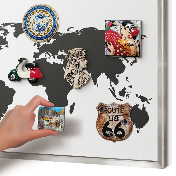 Souvenir magnet display board with a silver frame World map