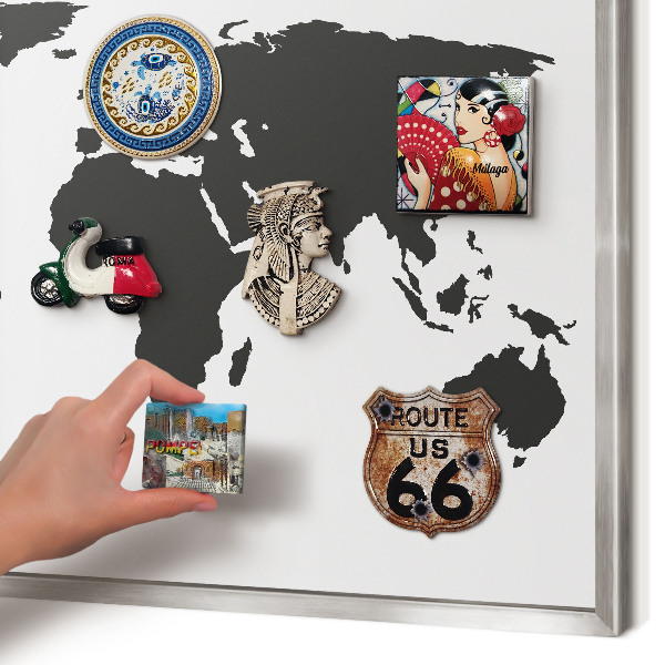 Souvenir magnet display board with a silver frame World map