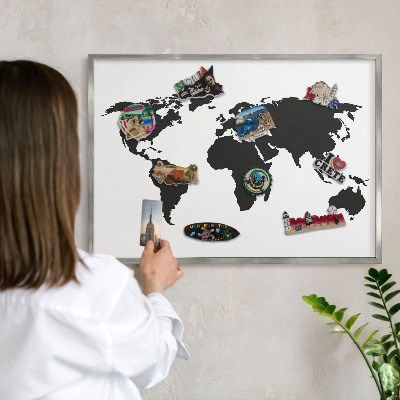 Souvenir magnet display board with a silver frame World map