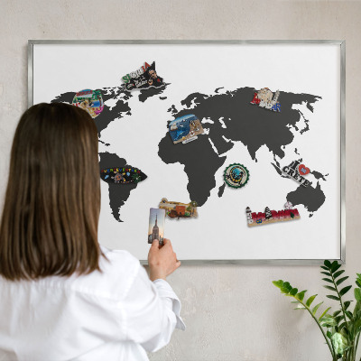 Souvenir magnet display board with a silver frame World map