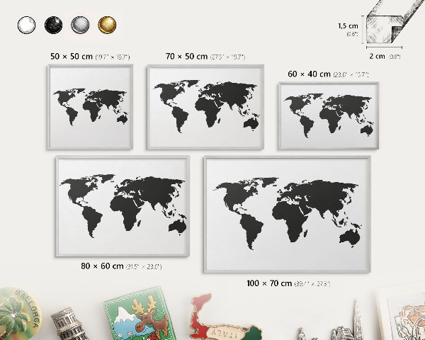 Souvenir magnet display board with a silver frame World map