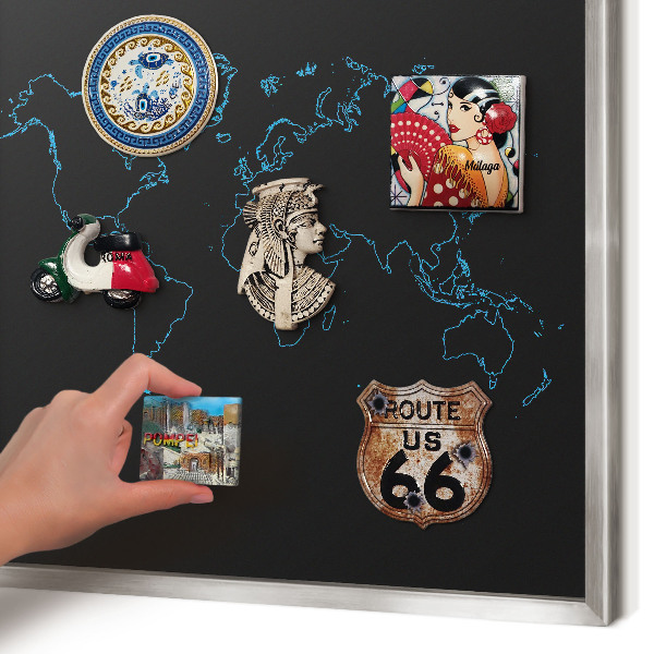 Printed magnet board in a silver frame World map
