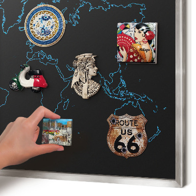 Printed magnet board in a silver frame World map