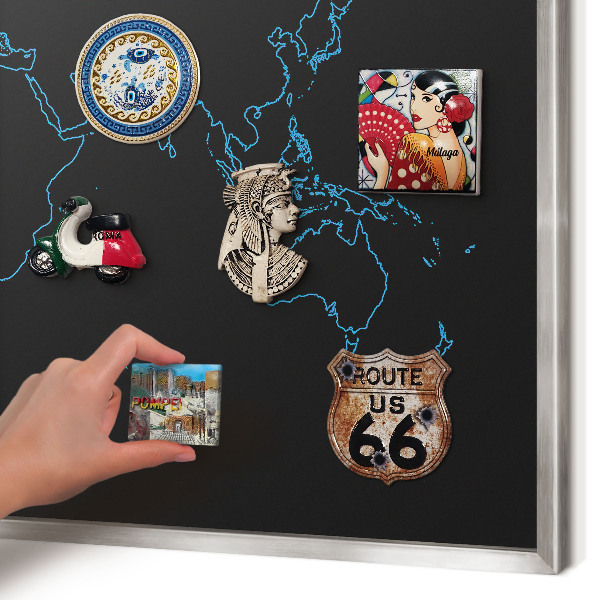Printed magnet board in a silver frame World map