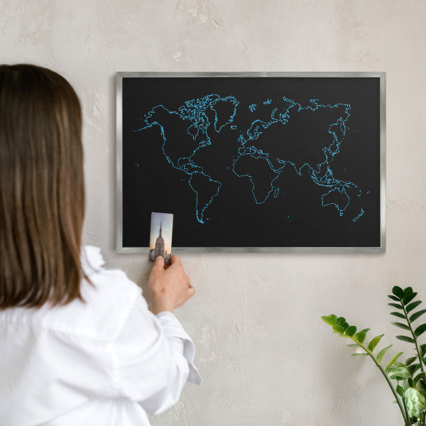 Printed magnet board in a silver frame World map
