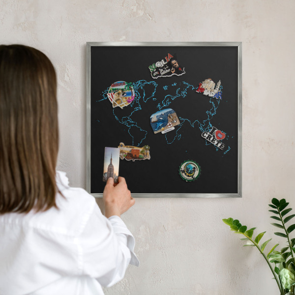 Printed magnet board in a silver frame World map