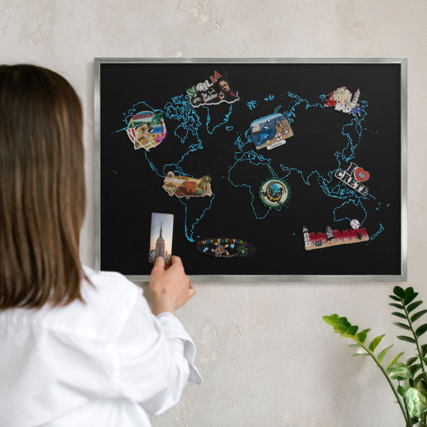 Printed magnet board in a silver frame World map