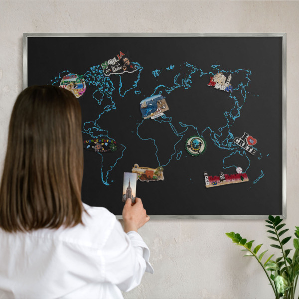 Printed magnet board in a silver frame World map