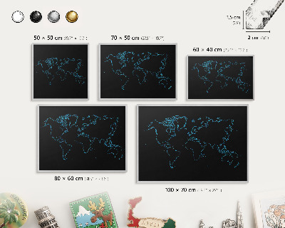 Printed magnet board in a silver frame World map