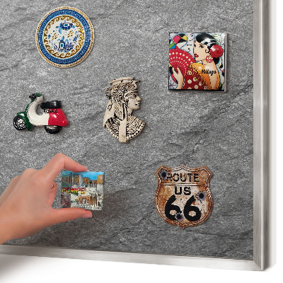 Souvenir magnet display board with a silver frame Gray stone