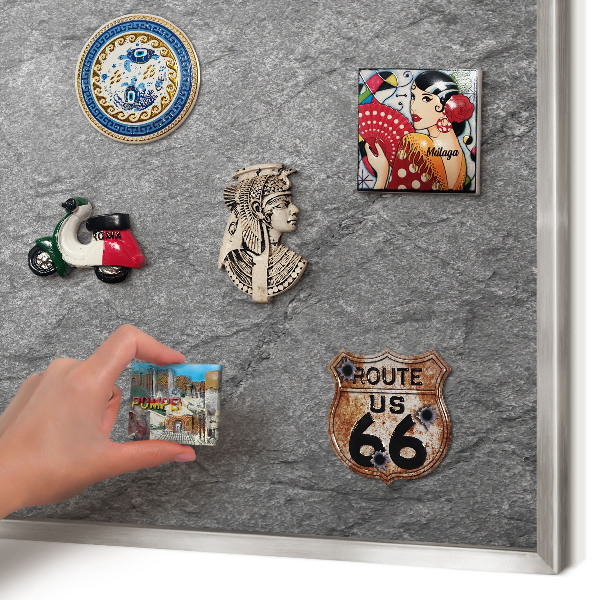 Souvenir magnet display board with a silver frame Gray stone