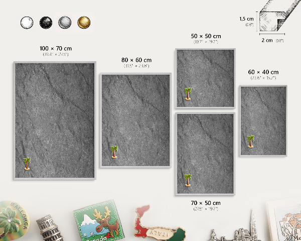 Souvenir magnet display board with a silver frame Gray stone