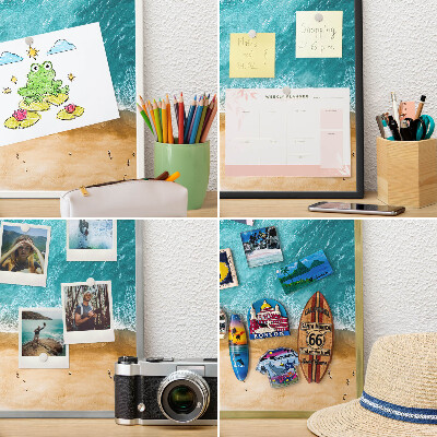 Souvenir magnet display board with a silver frame Sea and beach