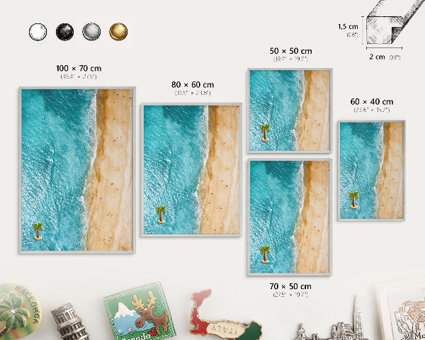 Souvenir magnet display board with a silver frame Sea and beach