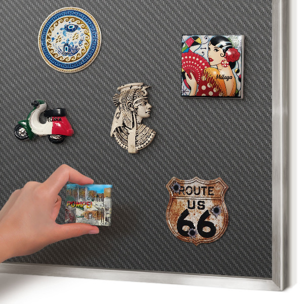 Souvenir magnet display board with a silver frame Geometric texture