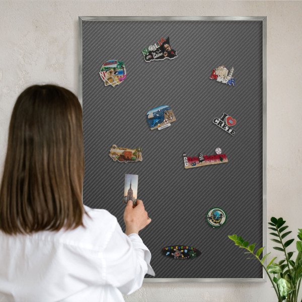 Souvenir magnet display board with a silver frame Geometric texture